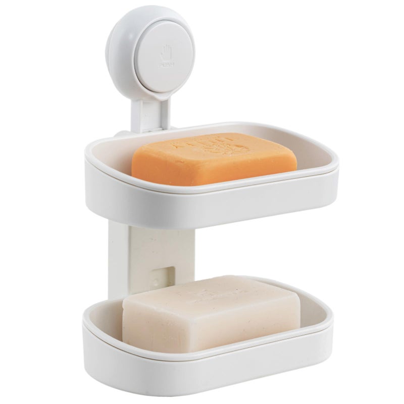 LEVERLOC Soap Dish Holder for Shower Double Layer Suction Cup Wall Mounted NO-Drilling Self Draining Removable Waterproof Strong Suction Bar Soap Sponge Holder for Shower Bathroom Bathtub Kitchen - Image 1